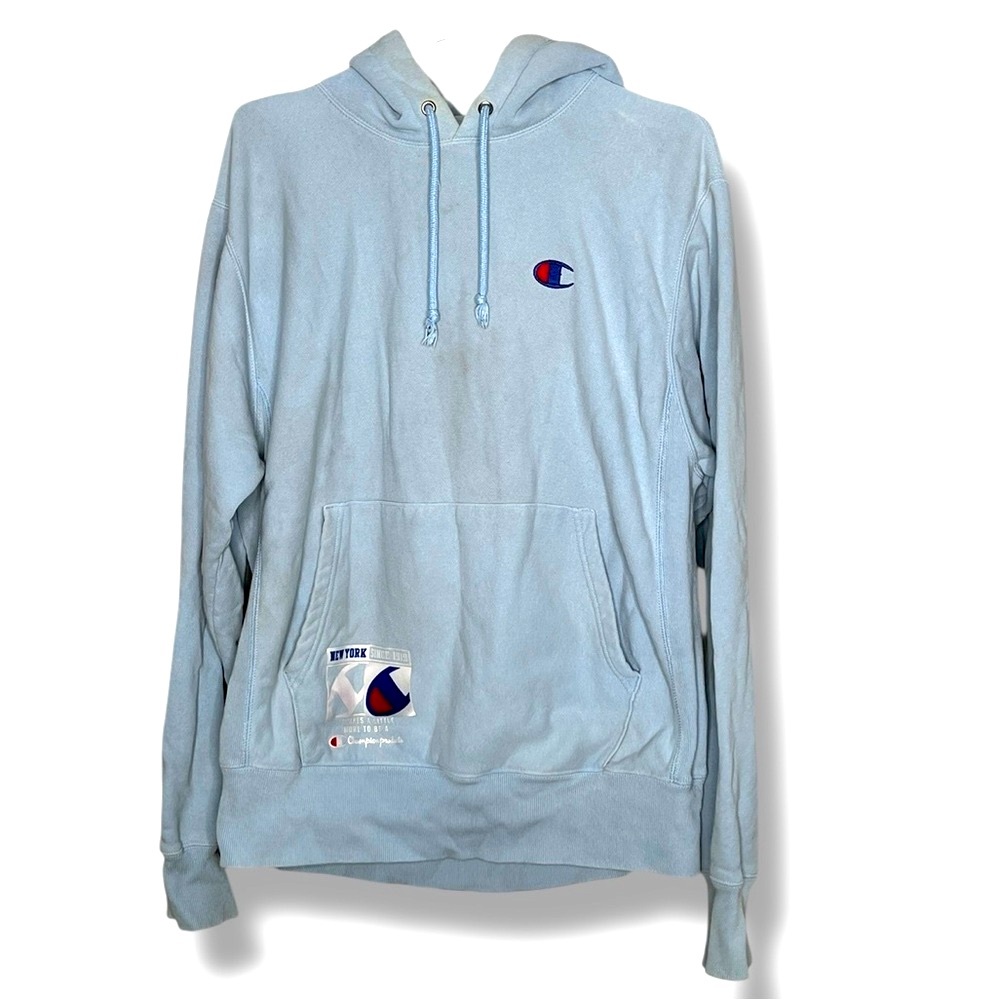 Champion Reverse Weave Hoodie Men's M Powder Blue New York 1919 Heavyweight